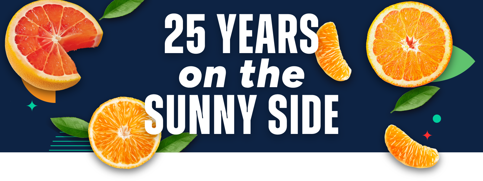 Banner that says "25 years on the Sunnyside" with images of citrus segments and leaf and star illustrations